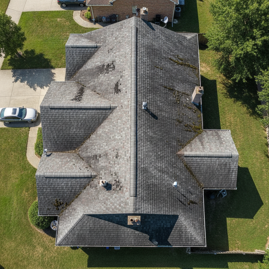 Aerial view of an aging asphalt shingle roof showing sun damage and uneven weathering