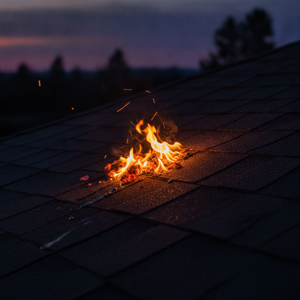 Embers near a fire-resistant shingle roof