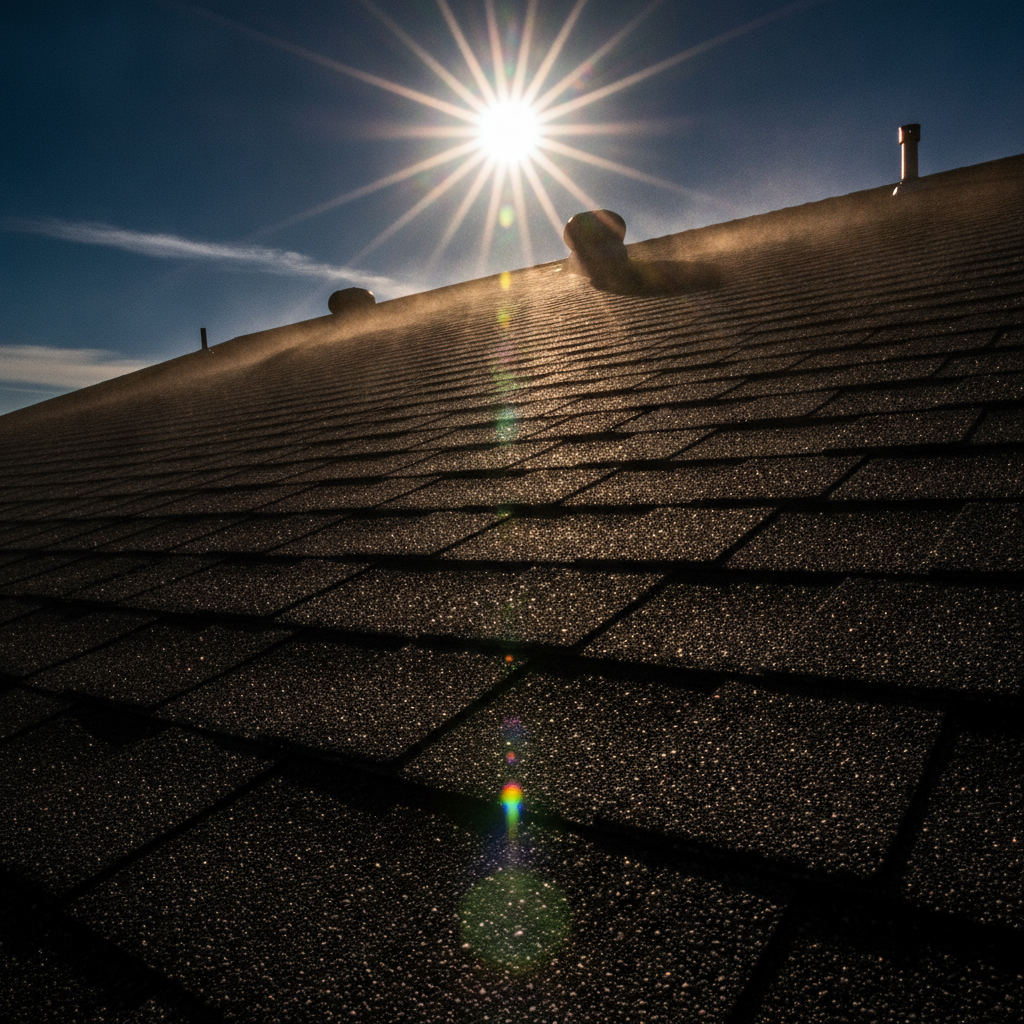 Intense sun and UV beating down on a shingle roof